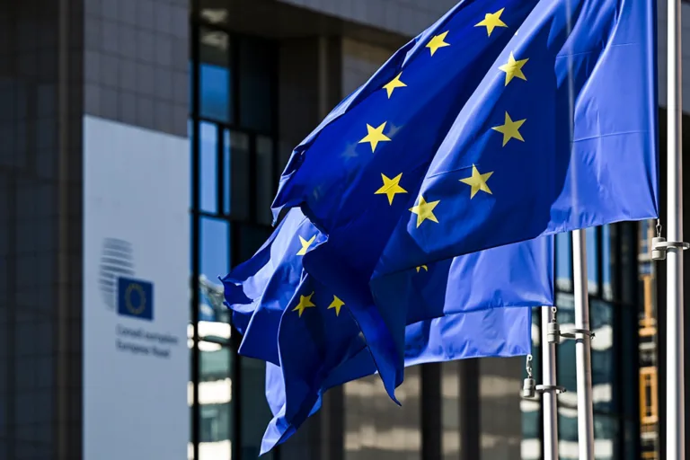 European Union flags in front of the European Commission