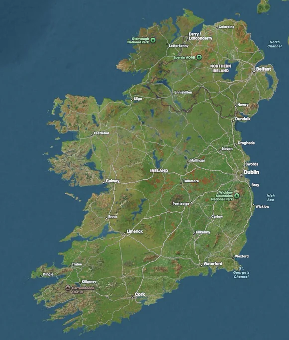 Satellite map of Ireland with the peatlands of the Irish Midlands