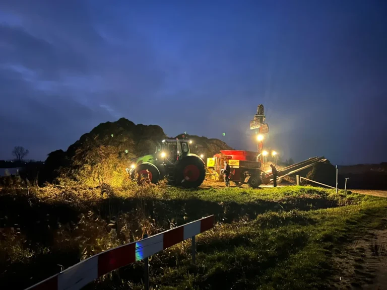 Biomass storage works for the De Wieden project at dusk